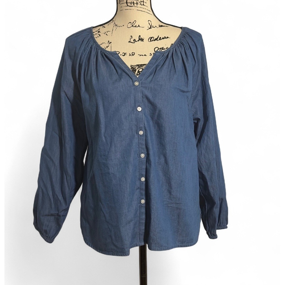 LOFT Blouse Women's XS Blue Button Up Long‎ Sleeve Lightweight 100% Cotton